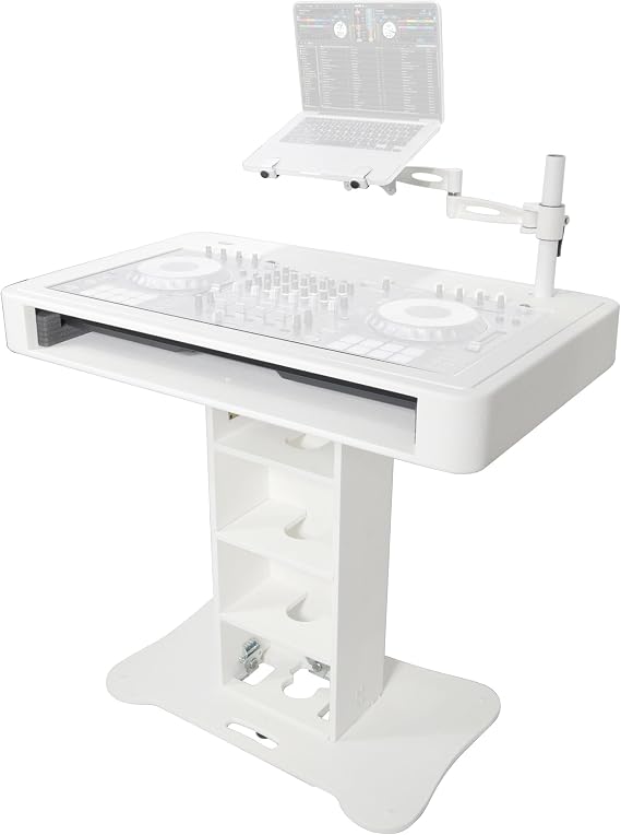 ProX Control Tower DJ Podium Stand White, T-Shape Design for Pioneer DDJ-REV7, XDJ-XZ, FLX10 & RANE Four, Laptop Stand with Boom Arm & 3-Tier Shelves, Easy Setup DJ Workstation