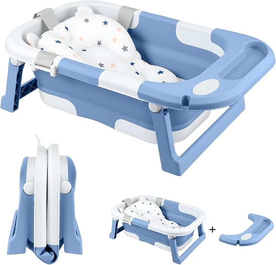 Foldable Baby Bathtub with Seat Support – Portable Collapsible Infant Bath Tub for Newborn to Toddler (0–36 Months), Non-Slip Safe Baby Bathing Tub (Blue)