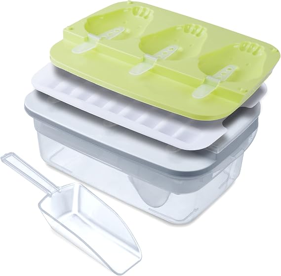 Ice Cube Tray with Lid - 4 in 1 Stackable Ice Trays that Makes 90 Ice Cubes and  with Plastic Ice Bin Container and 3 Ice Pop Maker
