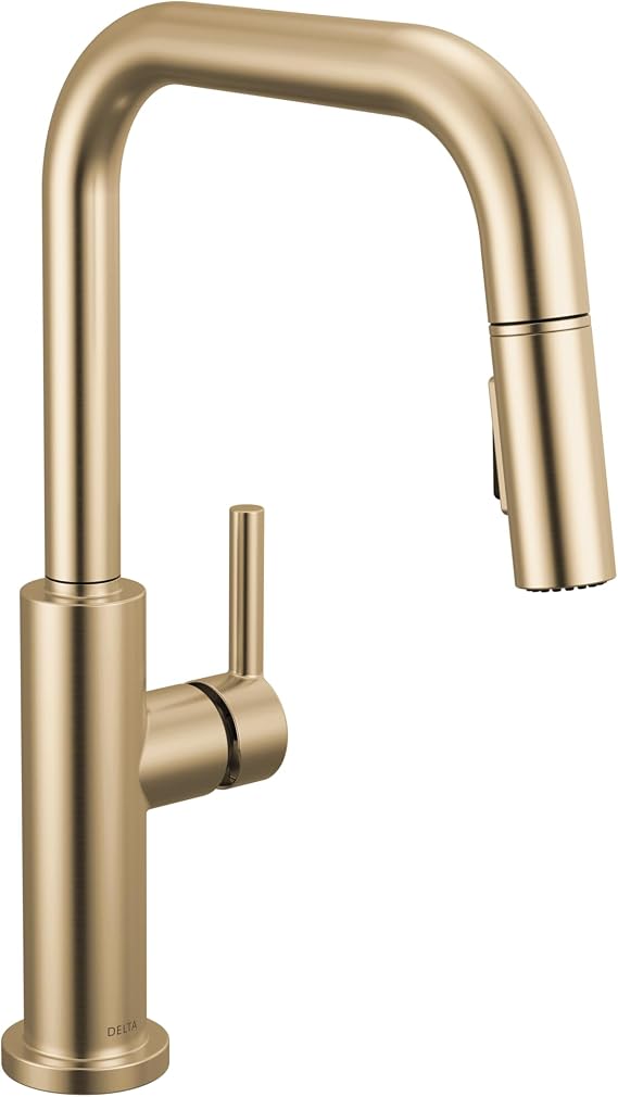 Delta Nicoli Brushed Gold U-Spout Kitchen Faucet with Pull Down Sprayer, Modern Single Hole Kitchen Sink Faucet, Single Handle, Champagne Bronze 19868LF-CZ