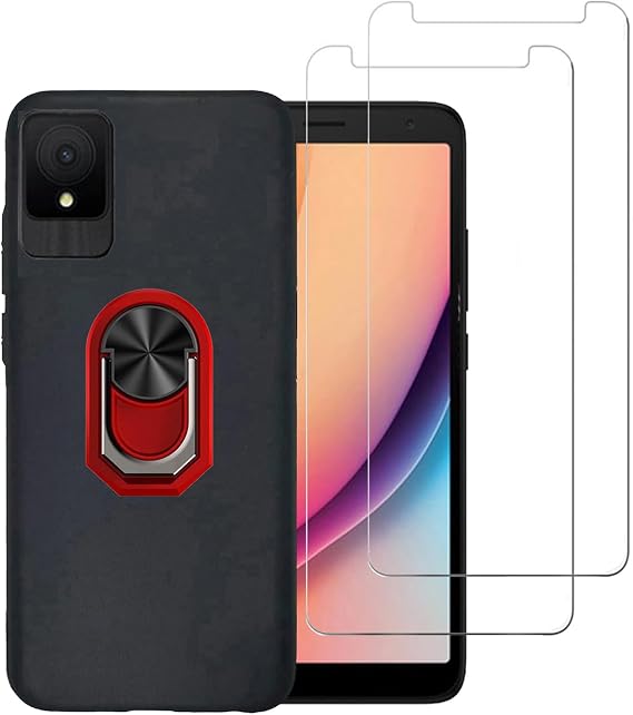 for TCL K11 Case 2 Pack Screen Protector Tempered Glass, TCL K11 T432W Case,Full Body Shock Protective Kickstand 360 Ring Holder Back Phone Case for TCL K11 T432W -Red