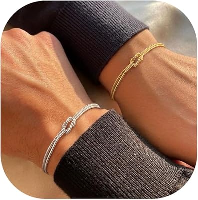 KOHOTA Valentines Day Gifts Silver Gold Bracelets for Women Trendy 14K Gold Plated Bracelet for Women Non Tarnish Dainty Stackable Heart Pearl Knot Beaded Bracelets Stack Set Charm Mothers Day Jewelry