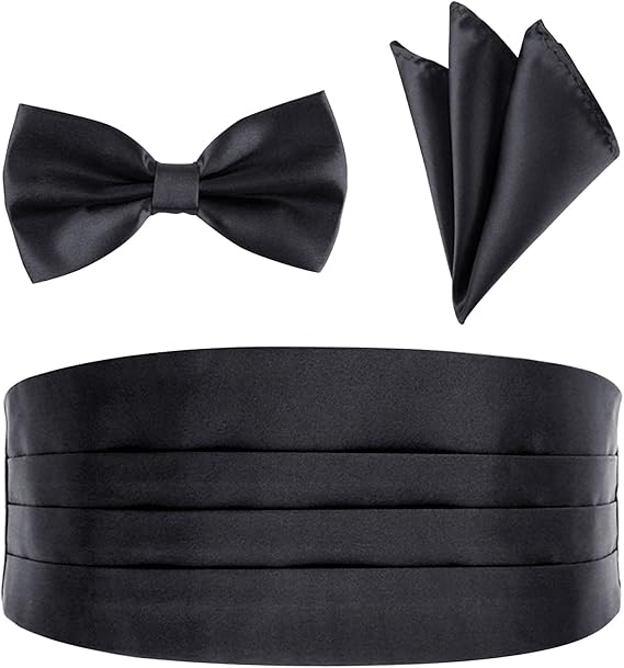 BlingKingdom Men's Satin Cummerbund Pretied Bow Tie Breast Pocket Handkerchief Set for Special Occassions