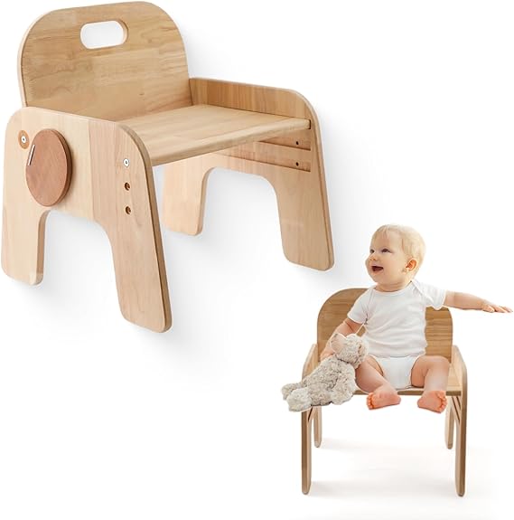 ibwaae Natural Solid Wooden Kids Chair Height-Adjustable Wooden Chair for Toddlers Montessori Furniture Birthday Gift for Children
