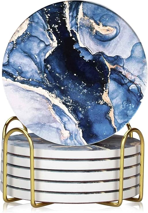 Drink Coasters with Holder 6 Pack, Ceramic Coasters Marble Style, Absorbent Abstract Coasters Set, 4in Cup Mat for Any Cups, Home, Living Room Decor, Tabletop-Protection for Coffee Beverage-Navy Blue