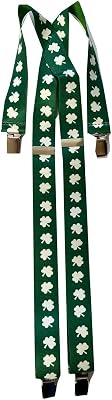 Saint.Patricks Day White Shamrock On Green Clip Suspender, X-Long 1.5 W x 48 L