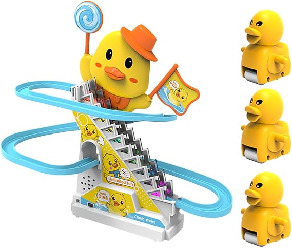 Duck Climbing Stairs Toy - Electric Duck Climbing Stairs Toy | Duck Climbing Stairs Toy Recharge | Electric Track Slide Stairs Coaster Toy | Small Duck Slide Toy with LED Lights and Music Kids Ages 3+