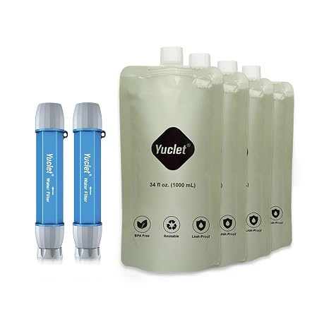 Squeeze Water Filter Straw System for Hiking, Camping, Travel, and Emergency Preparedness (2 Water Filter Straw, 4 Squeezable 34-Oz Water Pouch)