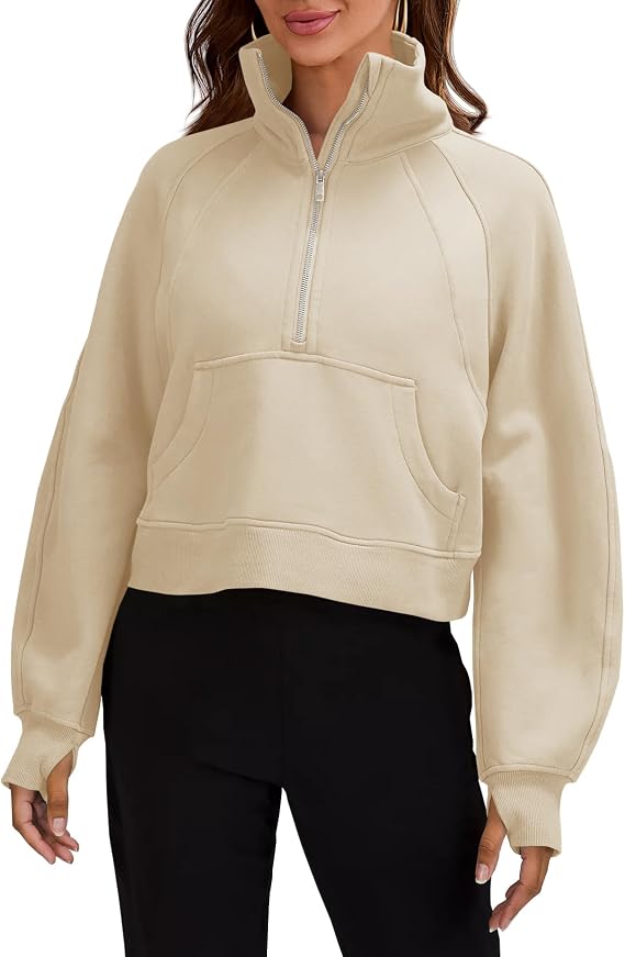 Womens Sweatshirts Half Zipper Crop Pullover Funnel Neck Fleece Lined Zip Up Long Sleeve Tops Thumb Hole Khaki