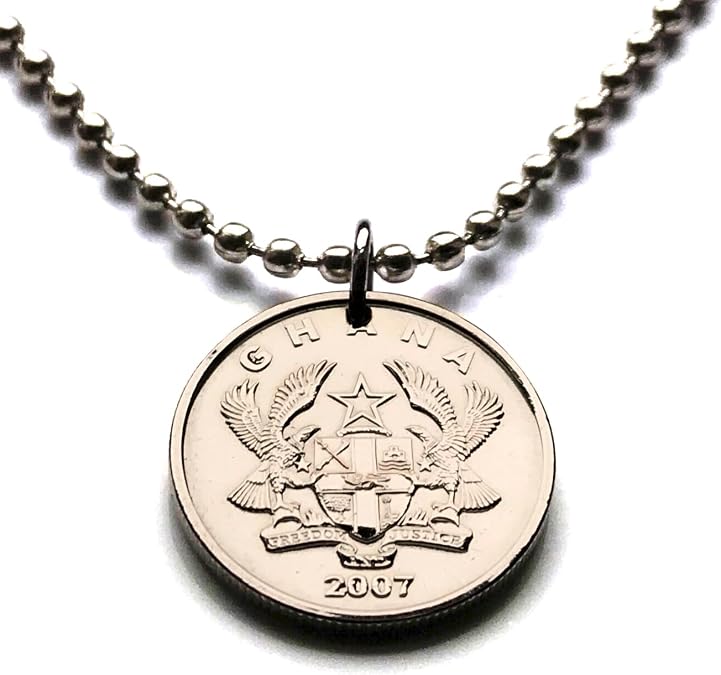 2007 Ghana 10 Pesewa coin pendant gold eagles Black Star of Africa Accra Tamale Asante Twi Ashanti Empire Ashante Mole-Dagbon Fante Cape Coast Osu Castle Ewe Ga Akan Adowa Bush drums Kumasi n003425