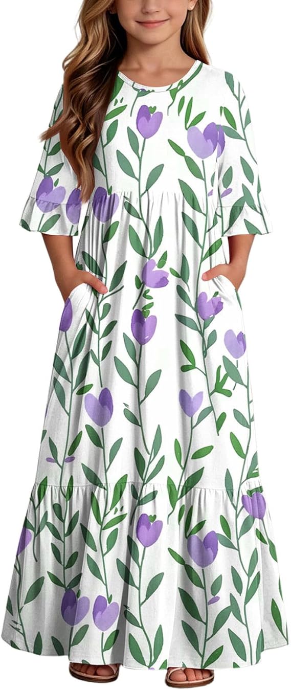 Kids Girls Floral Print Tiered Maxi Dress 3/4 Bell Sleeve Flowy Casual Ankle-Long Dresses with Pockets