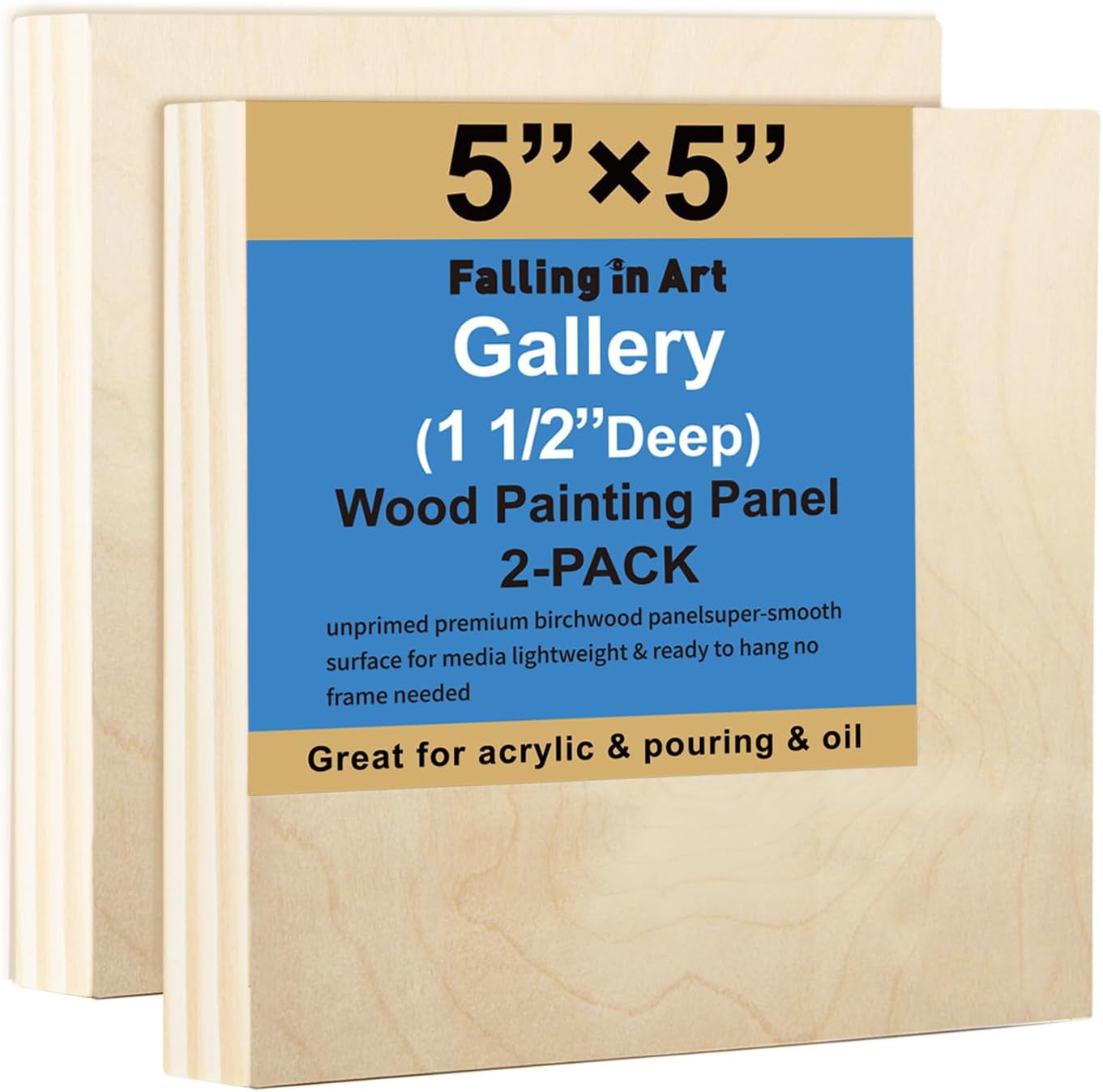 Falling in Art 2 Pack Unfinished Wooden Canvas Panels, 5x5 Gallery Birch Wood Panels Kit, 1 12 Deep Art Cradle Boards for Acrylic Painting, Pouring and Burning