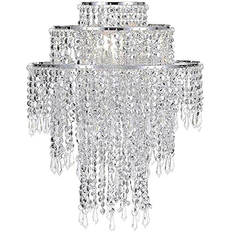 Waneway Large 3 Tiers Silver Sparkling Beads Pendant Shade, Ceiling Chandelier Lampshade with Acrylic Jewel Droplets, Beaded Lampshade with Chrome Frame and Sparkling Beads, Diameter 12.6, Silver
