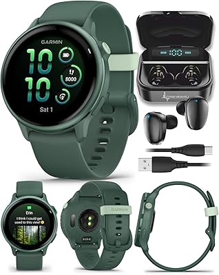 Wearable4U Garmin Vivoactive 6 - Health & Fitness Smartwatch, 1.2 in AMOLED, GPS Sports Tracking, Up to 11 Days of Battery, Metallic Jasper Green & Jasper Green Band w Black Earbuds Bundle