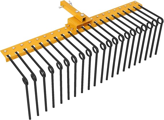 60" Pine Straw Rake for Tractor, 2" Receiver Tow-Behind Landscape Rake with 21 Powder-Coated Steel Tines for ATV/UTV/Lawn Tractor, Leaf Collection & Yard Debris Cleanup, Yellow