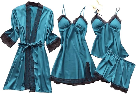 Women's 4PCS Silk Pajama Set Sexy Matching Satin Night Gowns Silky Sleepwear Soft Lace Loungewear Lingerie Pjs Sets