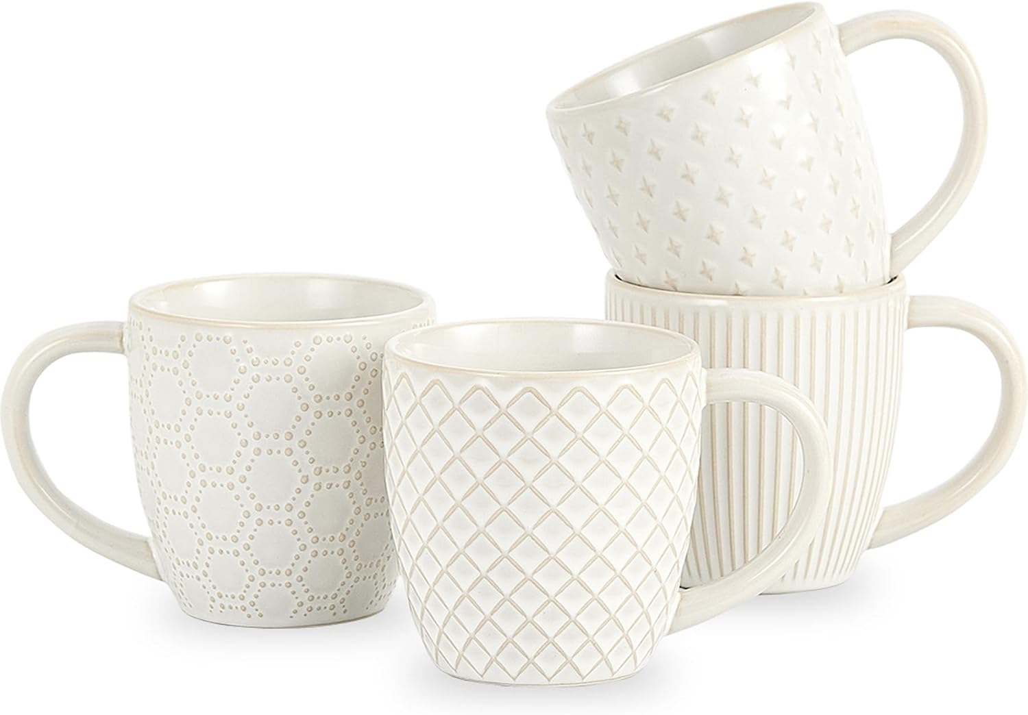 Embossed Stoneware Mugs Set of 4, 400ml Ceramic Coffee Cups with Handles for Cappuccino, Latte, Tea, Hot Chocolate &amp;Milk, Microwave &amp; Dishwasher Safe, Ideal for Homes, Office Use and Gift Giving