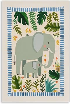 Xianyojafa Nursery Animal Canvas Wall Art, Jungle Animal Cute Elephants Poster for Kids Room, Green Botanical and Red Flowers Picture Prints, Blue Natural Wall Decor for Baby Bedroom 12x16in Unframed