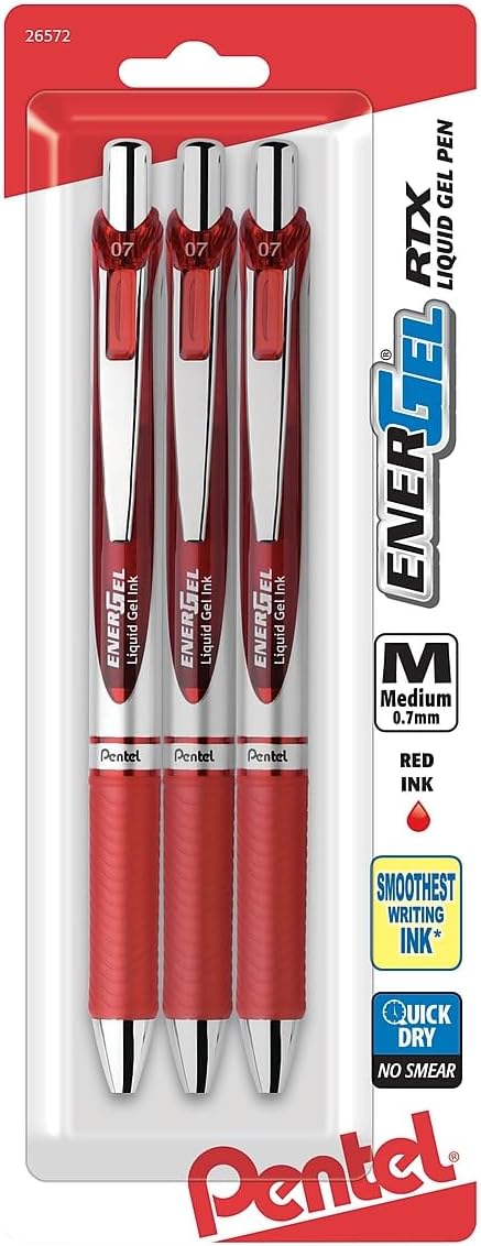 Pentel EnerGel RTX Retractable Liquid Gel Pen (0.7mm), Medium Line, Metal Tip, Red Ink, Pack of 3 (BL77BP3B)