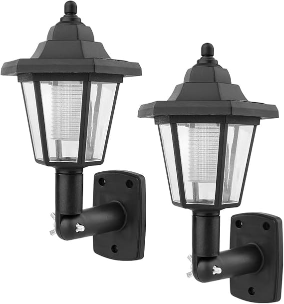 PerGar 2 Pcs Solar Wall Lantern, Automatic Induction Outdoor Garden Weatherproof LED Wall Lamp, Vintage Hexagonal Porch Light for Front Porch, Yard (BLACK)