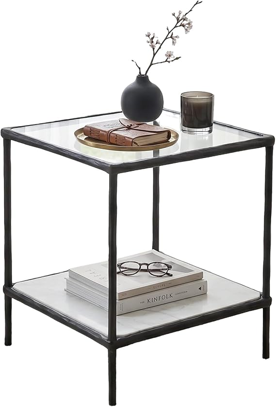 Signature Design by Ashley Modern Glass and Marble End Table, Ryandale | Antique black accent table, Modern end table with storage, Clear glass top, Genuine white marble lower shelf, Aluminum frame
