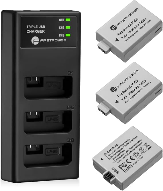 FirstPower LP-E5 Battery 3X 1900mAh and 3-Slot Charger for Canon Camera | Compatible with Canon EOS Rebel XS, Rebel XSi, Rebel T1i, EOS 1000D, EOS 500D, EOS 450D, Kiss X3, Kiss X2, Kiss F Camera
