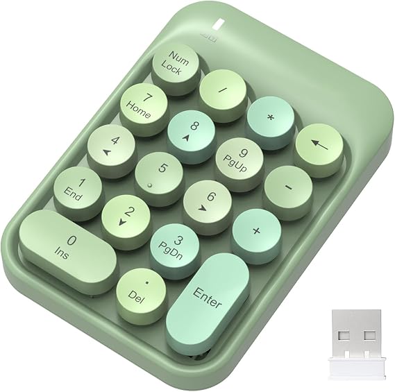 FELICON Wireless Numeric Keypad 18 Keys with 2.4Ghz USB Receiver-Green Mix | Colorful Round Keycap,Mini Portable Silent Number Pad,Financial Accounting Membrane Keyboard Extensions for Laptop Desktop PC