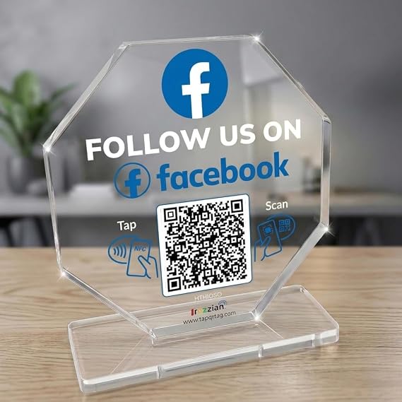 NFC Follow Us Sign Stand for Facebook Tap & Scan Follow Social Media Sign Dsiplay with QR Code, Clear Acrylic Table Display, Easy Smartphone Setup, Boost Followers