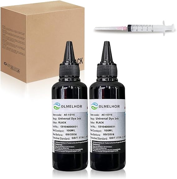 Universal Dye Ink Refill Kit 2 Black for HP Canon Epn Brother Lexmark Samsung Dell Kodak Inkjet Printers Compatible Cartridges Refillable Cartridge CISS CIS System with Syringes(2BK x 100ml)