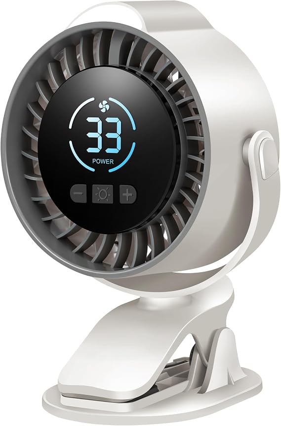 Clip On Rechargeable Fan with LED Light 100 Speed (Need Long Press), 720 Adjustment, Small Protable Desk Fan Quiet Clamp Base 12H Battery, 7 Blades for Dorm Bedroom Travel Camping