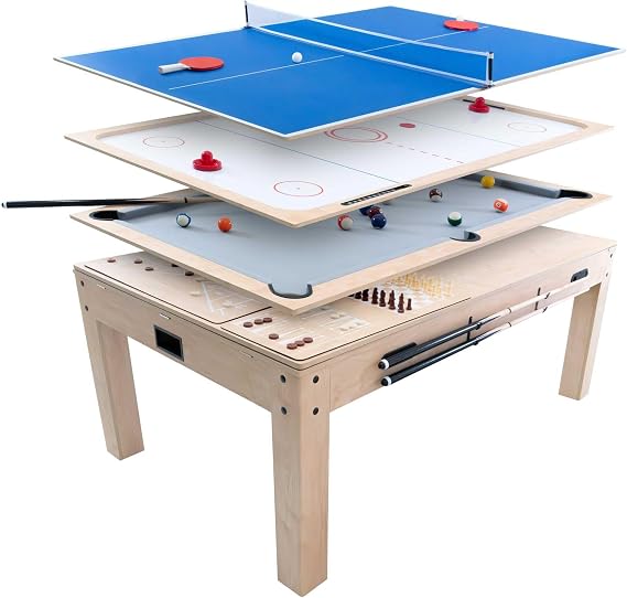 7 in 1 Games & Dining Table 7ft Wood Pool Table Tennis Air Hockey Chess Backgammon Shuffleboard Multi Sports Game Set Indoor Party Entertainment Home Office Adult Kids Accessories Included