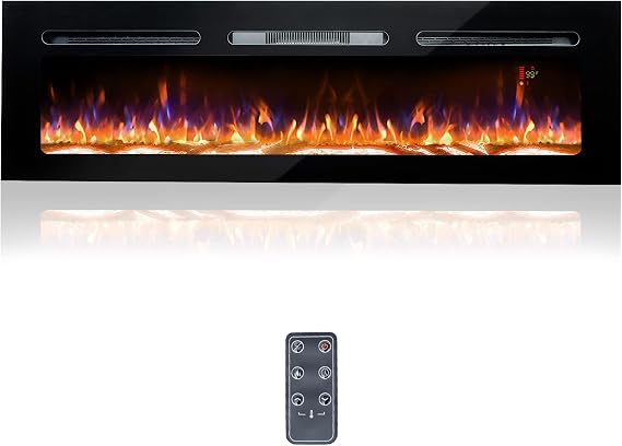 60 Electric Fireplace, Recessed & Wall Mounted Electrical Fireplace with Bracket, Ultra Thin, Low Noise, Remote Control, Timer, Logset & Crystal, Adjustable Flame Color, 1500W, Black
