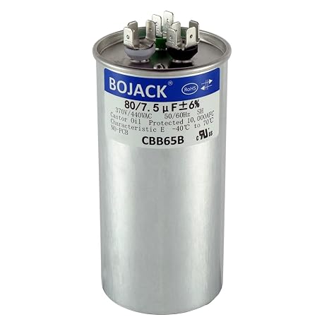 BOJACK 80+7.5 uF 80 7.5 MFD 6% 370/440 V AC CBB65 Dual Run Circular Start Capacitor for AC Motor Run or Fan Start or Condenser Straight Cool or Heat Pump Air Conditioner