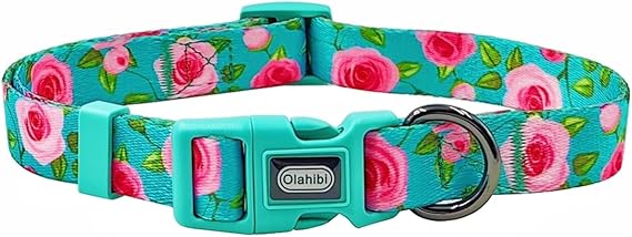 Basic Dog Collar, Rose Pattern, Polyester Material, 4 for Small Medium Large Dogs.(S, Green Rose)
