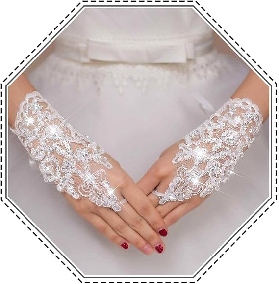 Bride Wedding Short Lace Gloves White Fingerless Rhinestone Gloves Bridal Gloves Accessories for Women