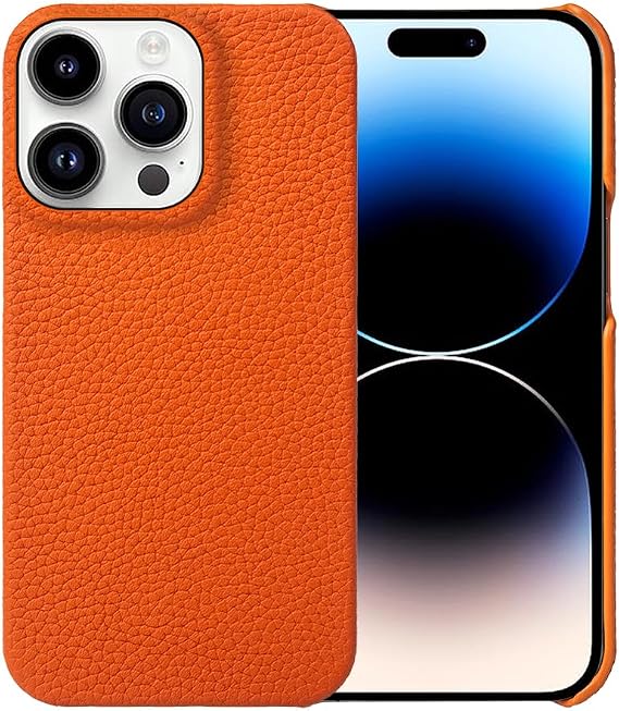 Case for iPhone 16 Pro Max/16 Pro/16 Plus/16, Genuine Leather Slim Protective Cover Anti-Scratch Microfiber Lining Shockproof Case,Orange,16 Pro Max
