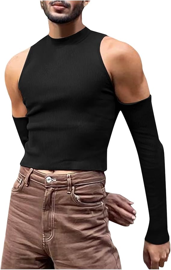 Mens Cold Shoulder Tops,Slim Fit Casual Pullover Skinny Long Sleeve T-Shirt Gay Sexy Crop Tops Mock Neck Tee