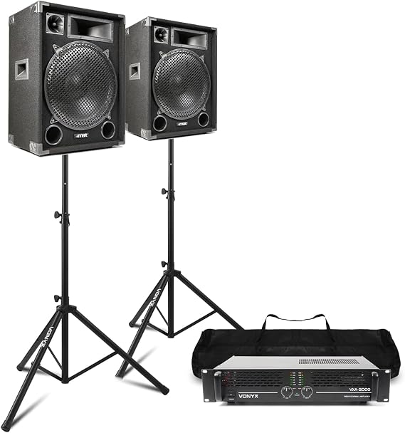 MAX15 Complete 2000W Passive DJ PA Speaker Kit with Amplifier, Stands & Speaker Cables – Powerful Sound System for Events, DJs and Live Gigs