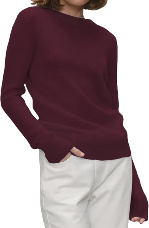 Women's Basic Crewneck Sweater Long Sleeve Round Neck Pullover Dark Red M