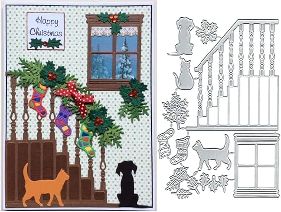 Window Stairs Dog Cat Metal Die Cuts, Window Stairs Dog Cat Cutting Dies Cut Stencils DIY Scrapbooking Cards Decorative Embossing Paper Dies for Album Card Scrapbooking Making