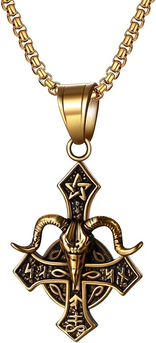 OIDEA Inverted Cross Satanic Baphomet Necklace: Gothic Goat Head Upside Down Cross Pendant Necklace Lucifer Pagan Amulet Satanic Jewelry Gifts for Mens Womens