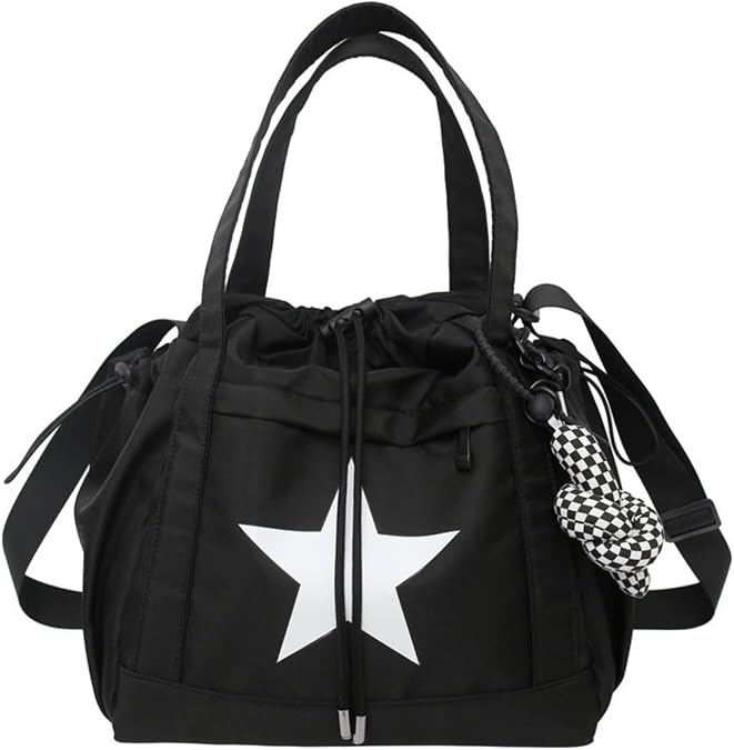 Y2K Aesthetic Crossbody Bag with Pendant Star Grunge Tote Bag Drawstring Bucket Bag Multi Pockets Shoulder Bag