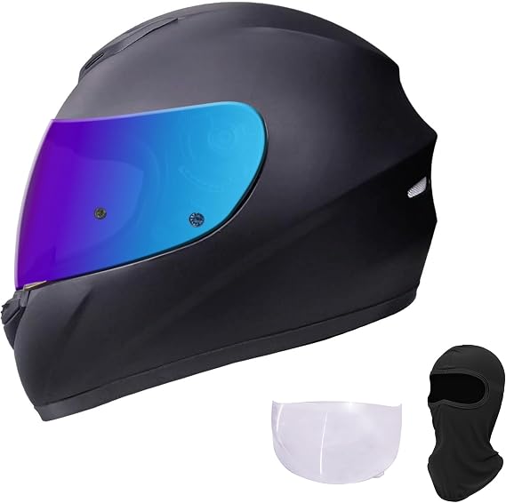 KRN Full Face Motorcycle Motorbike Helmet with Color Visor DOT Approved- Helmet & Balaclava & Clear Visor Matt Black