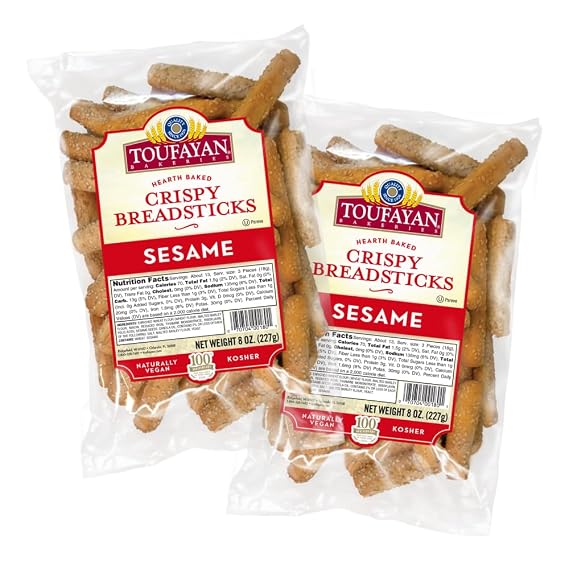 Toufayan Sesame Breadsticks - Crispy Oven-Baked Breadsticks with Sesame Seeds - Kosher Pareve, Vegan (2 Pack)