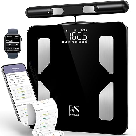 FITINDEX Body Pod Smart Scale, 8-Electrode, BMI & Body Fat, Large Platform | Body Composition Analyzer with Handle, Digital Bathroom Scale for Segmental Fat & Muscle Mass Tracking, Home Use, Black