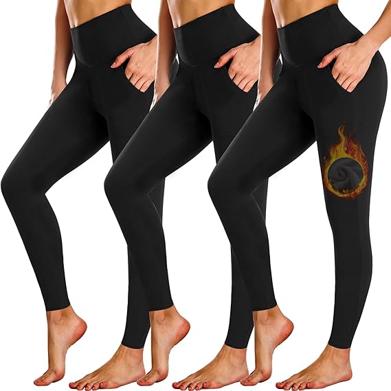 NEW YOUNG 3 Pack Fleece Lined Leggings Women with Pockets,Warm Winter Yoga Pants for Women