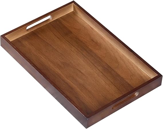 Bamboo Serving Tray Handles, 38x26x4cm Wooden Board Coffee Table Breakfast | Dark Brown, Dinner, Food, Snack, Home Decorative Storage for Bed, Tea, Kitchen