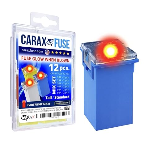CARAX Glow Fuse Premium Fuse Cartridge Tall Standard Fuse Mix Kit 12 pcs. Glow When Blown LED Automotive Fuse Smart Auto Glow Fuse Easy Identification 12 pcs.