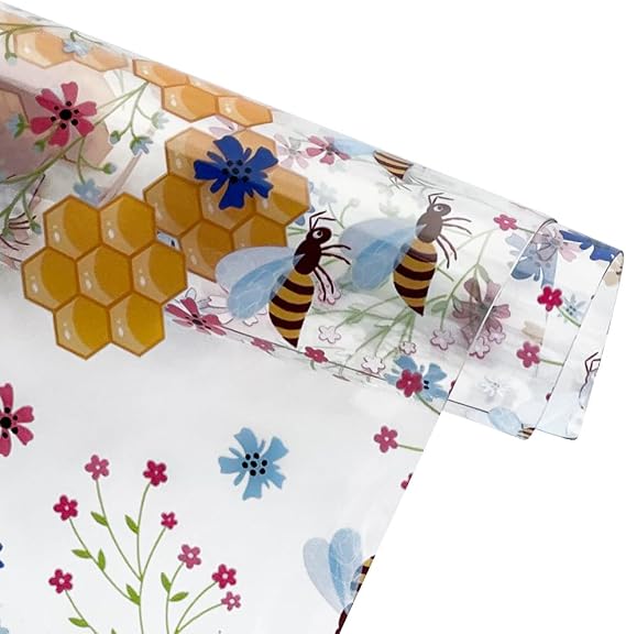 ONEART | 12"54" Bees Honey and Flower TPU Vinyl Cute Style Waterproof Transparent Vinyl Fabric for Handbags, Wallets, Quilting