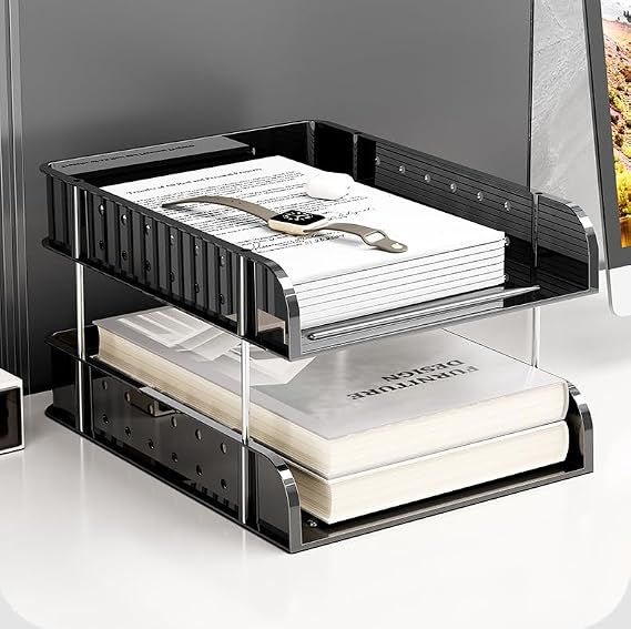 Stackable Paper Trays,Heightened with Support Bars for Easy Access.,A4 Letter Tray Organizer,Office Desktop Organizer (Black, 2-Tier)
